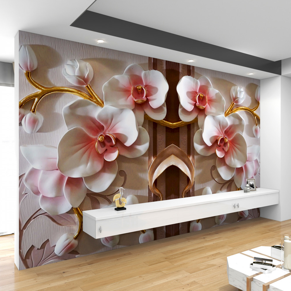 Fototapeta delikatne białe orchidee na złotych gałęziach