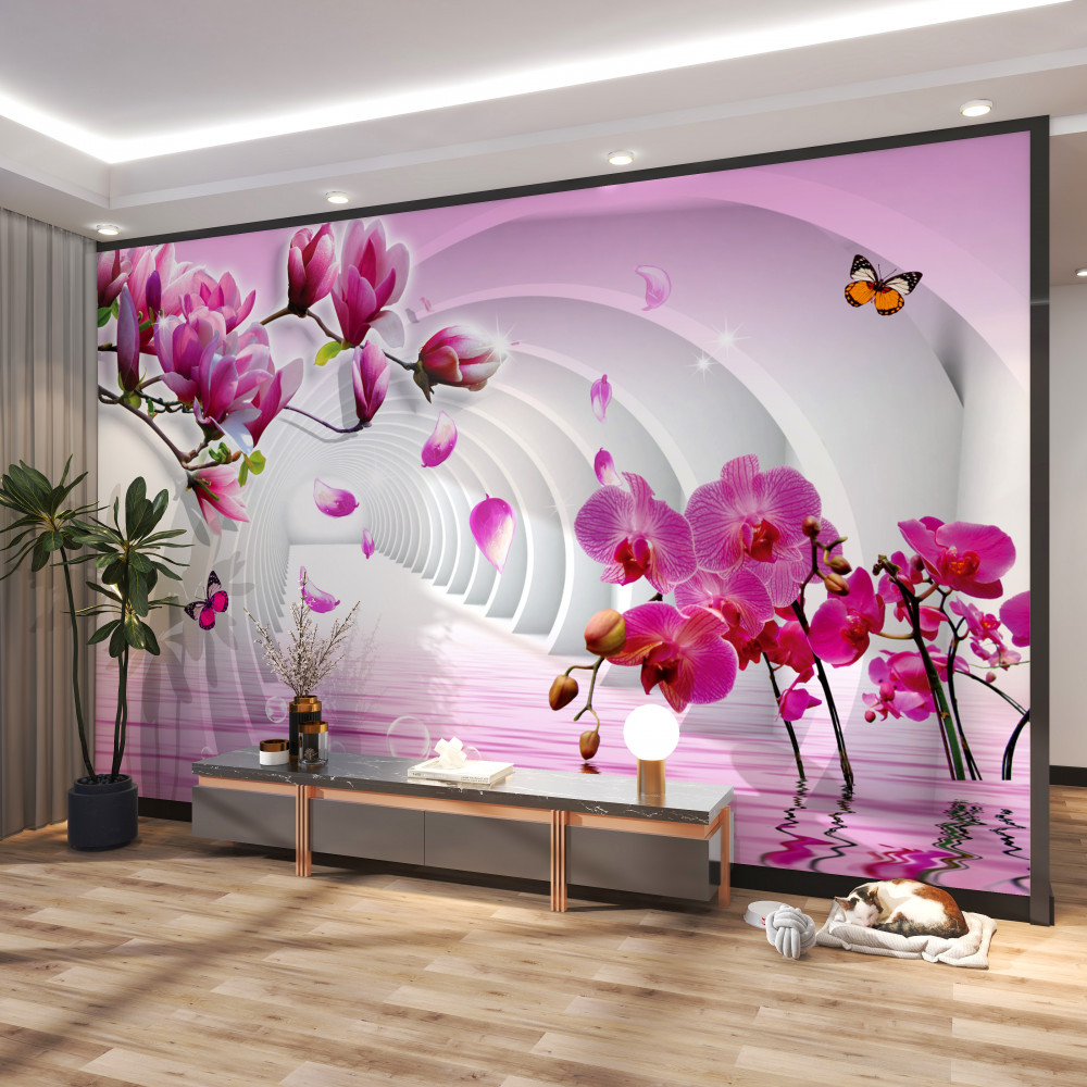 Fototapeta jasne różowe kwiaty magnolii i orchidee