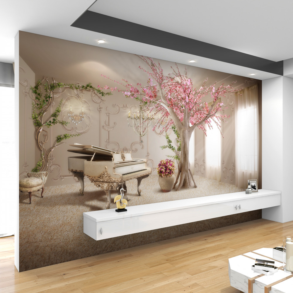 Fototapeta bajkowy salon z drzewem sakura