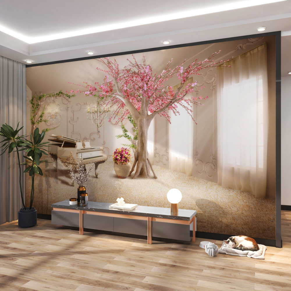 Fototapeta bajkowy salon z drzewem sakura