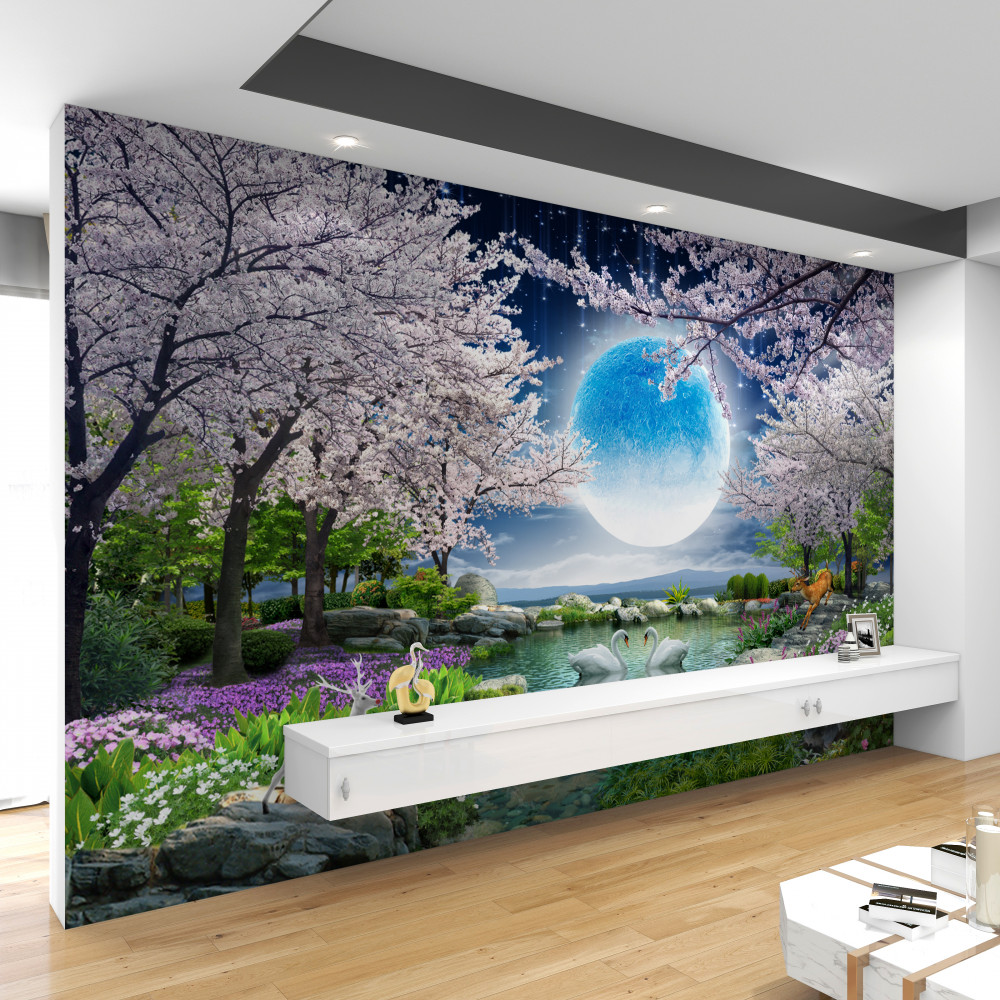 Fototapeta bajkowy księżyc w kwitnącym ogrodzie sakura