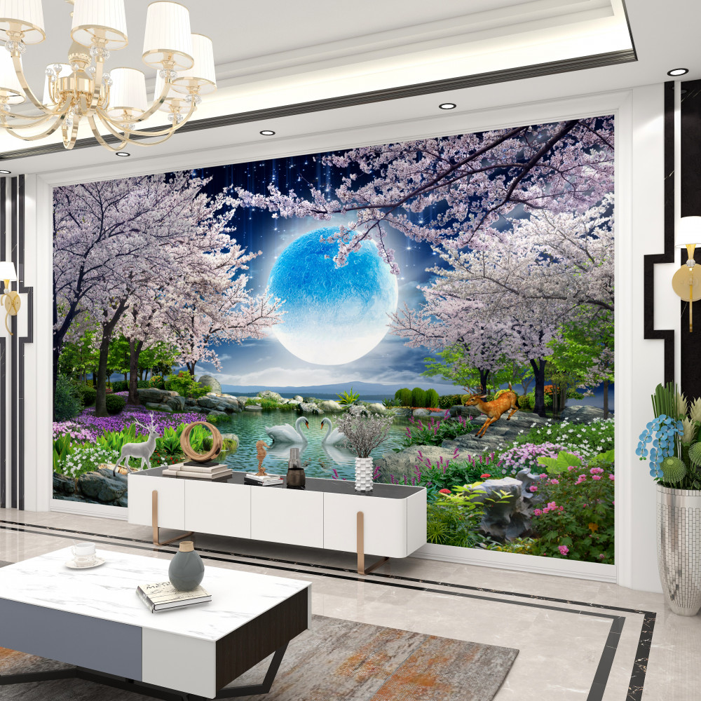 Fototapeta bajkowy księżyc w kwitnącym ogrodzie sakura