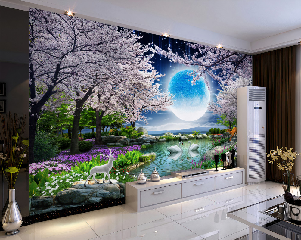 Fototapeta bajkowy księżyc w kwitnącym ogrodzie sakura