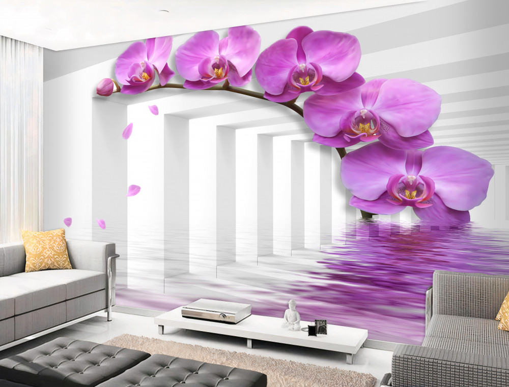 Fototapeta liliowa ramka z orchidei w białych łukach