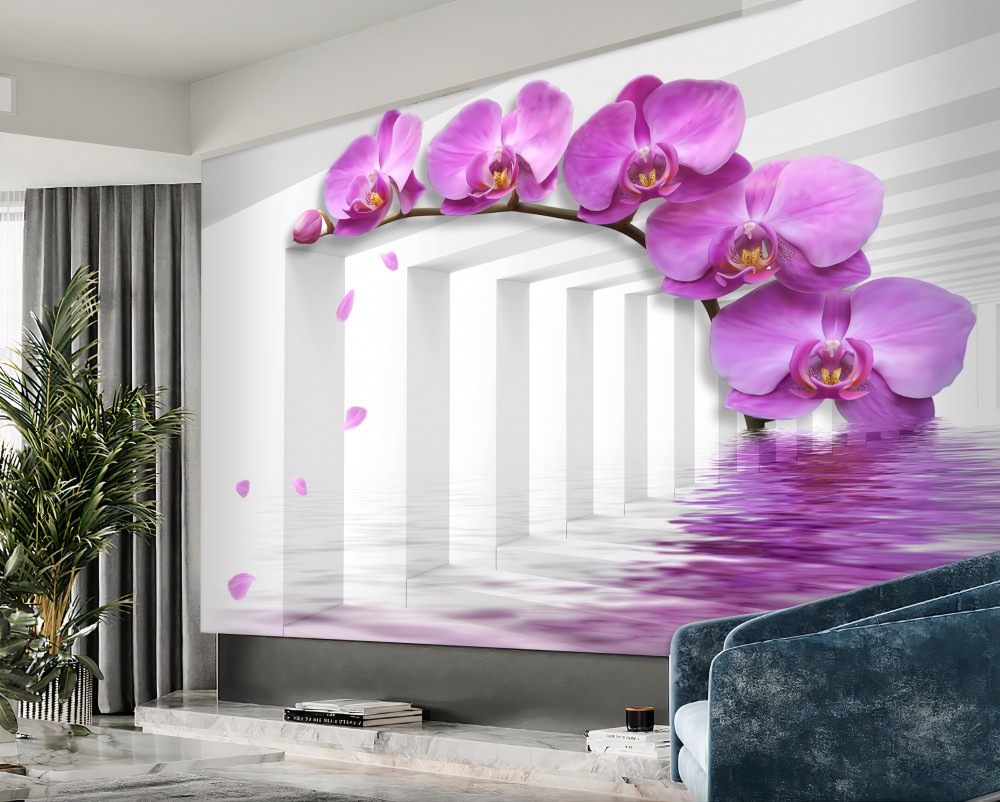 Fototapeta liliowa ramka z orchidei w białych łukach