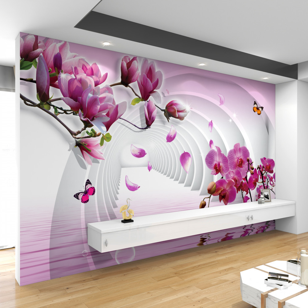 Fototapeta liliowe orchidee na gałęziach i motylach