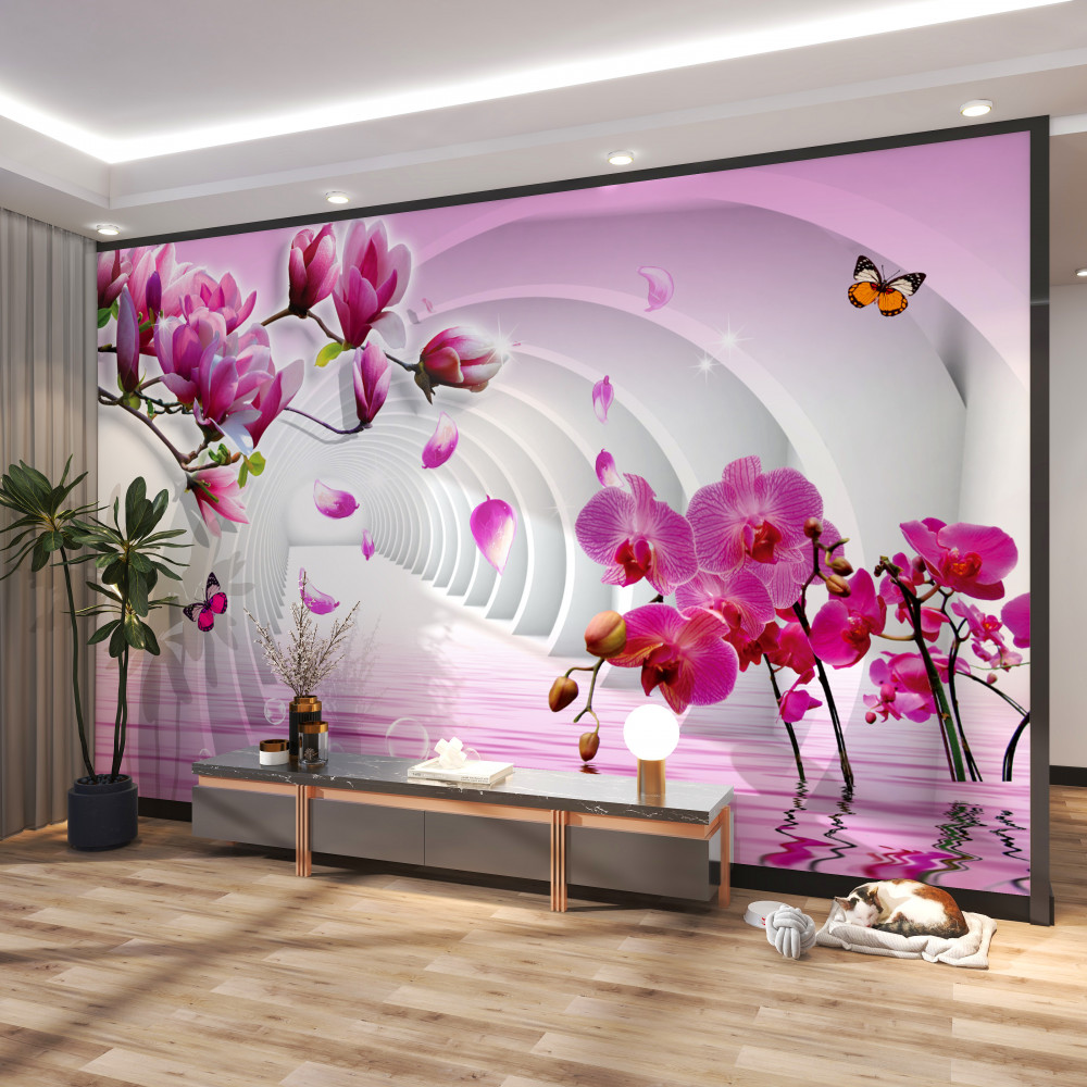 Fototapeta liliowe orchidee na gałęziach i motylach