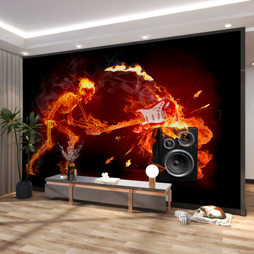 Fototapeta muzyk rozbija gitarę o głośnik