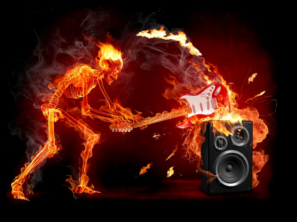Fototapeta muzyk rozbija gitarę o głośnik