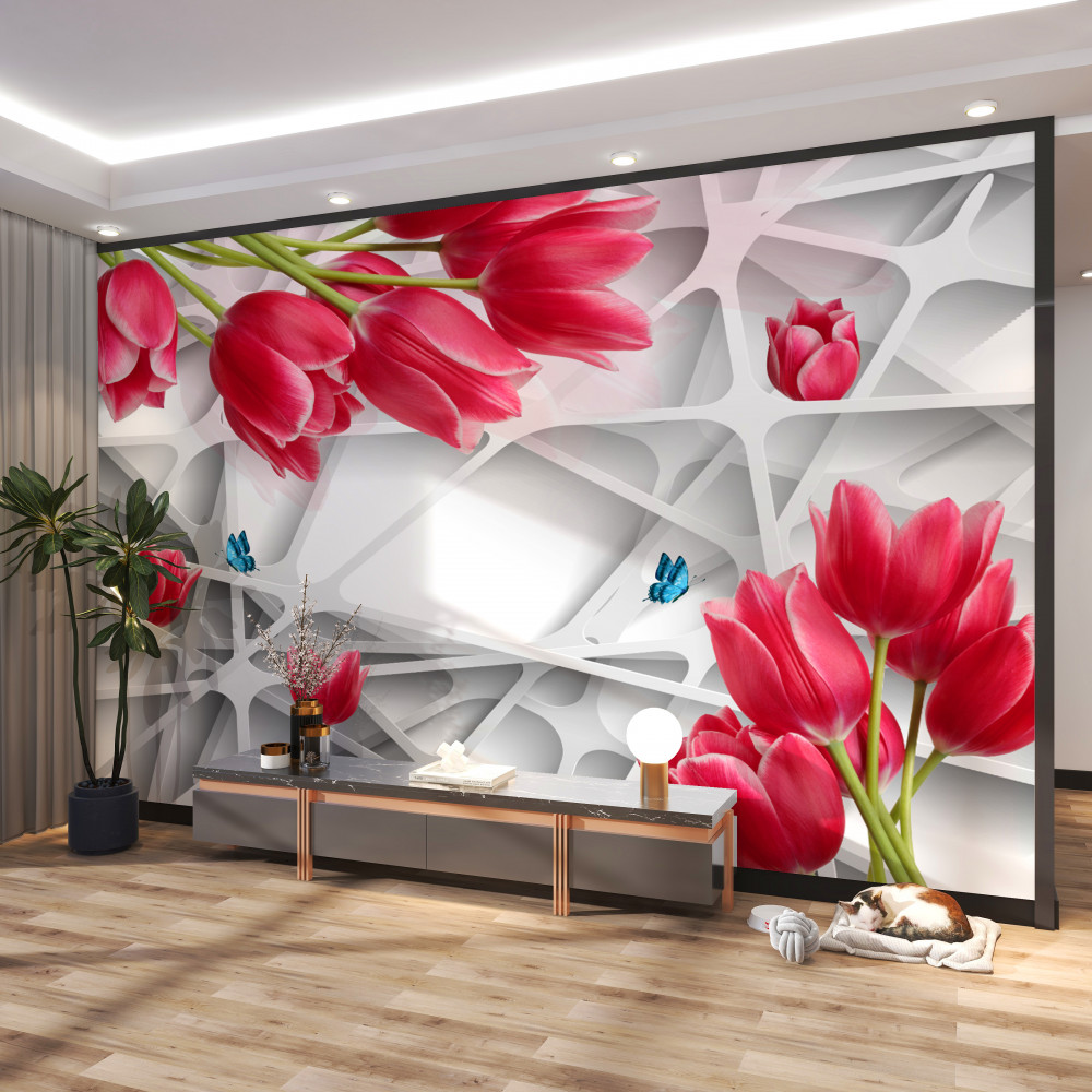 Fototapeta pąki czerwonych tulipanów i motyle