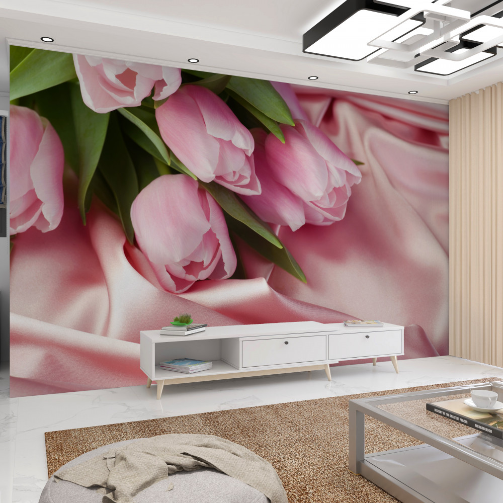 Fototapeta różowe tulipany na jedwabiu