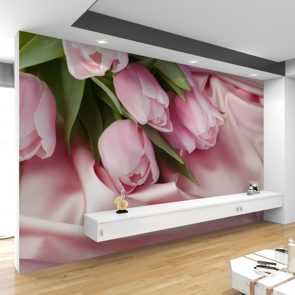 Fototapeta różowe tulipany na jedwabiu