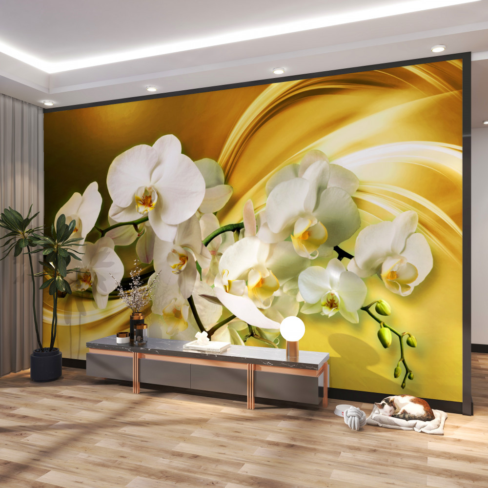 Fototapeta bujne białe orchidee na brązowym jedwabiu