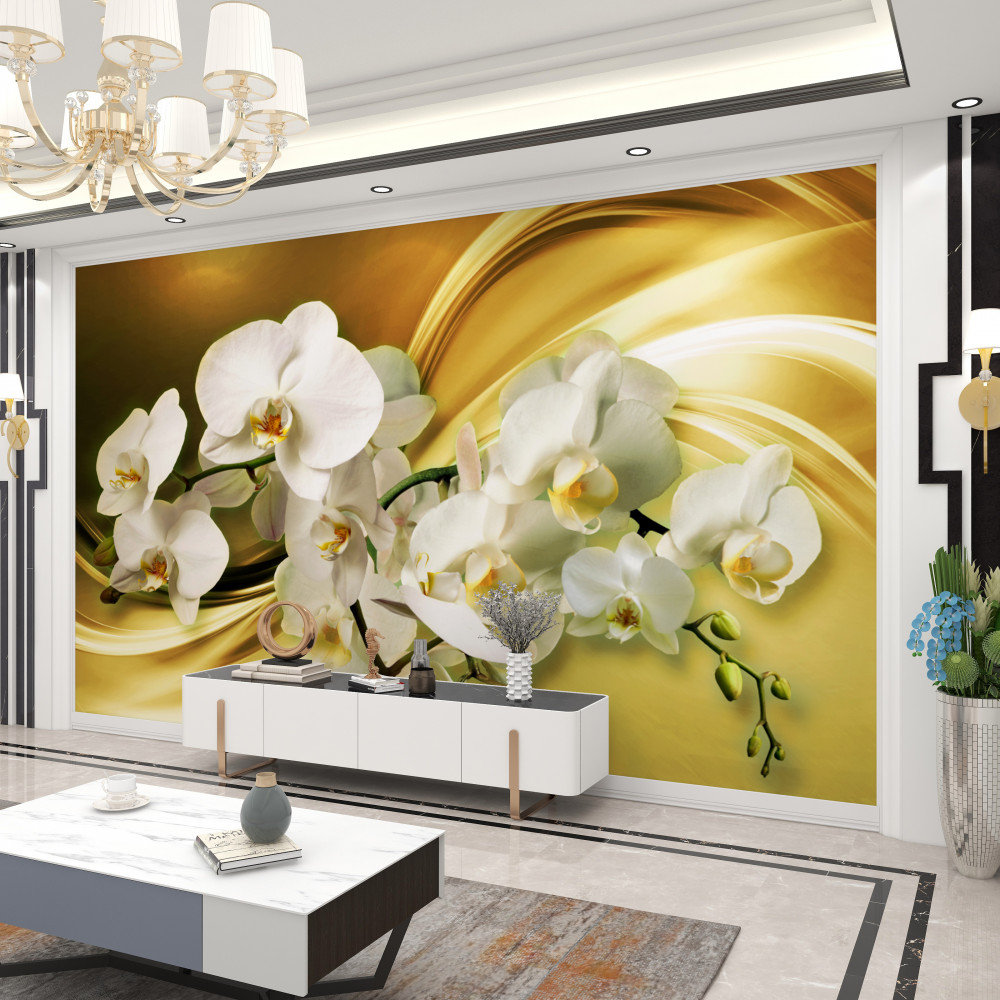Fototapeta bujne białe orchidee na brązowym jedwabiu