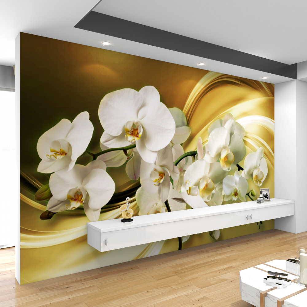 Fototapeta bujne białe orchidee na brązowym jedwabiu