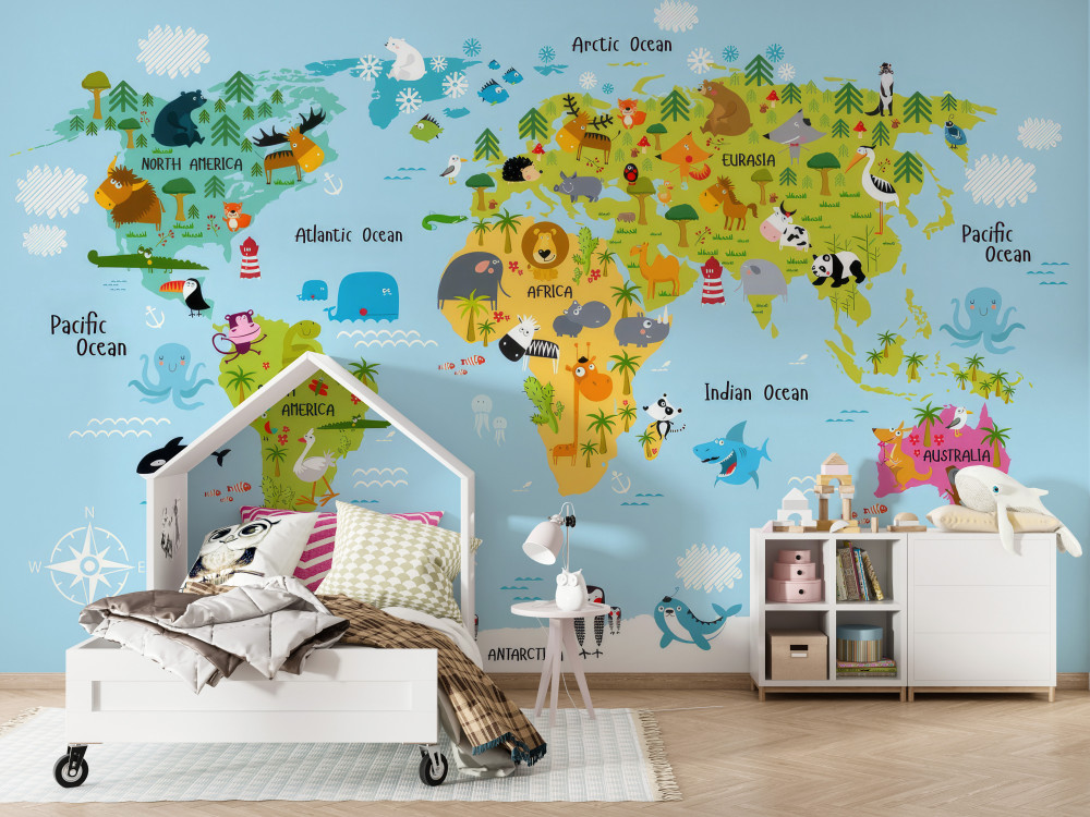 Fototapeta mapa świata dla dzieci ze zwierzętami