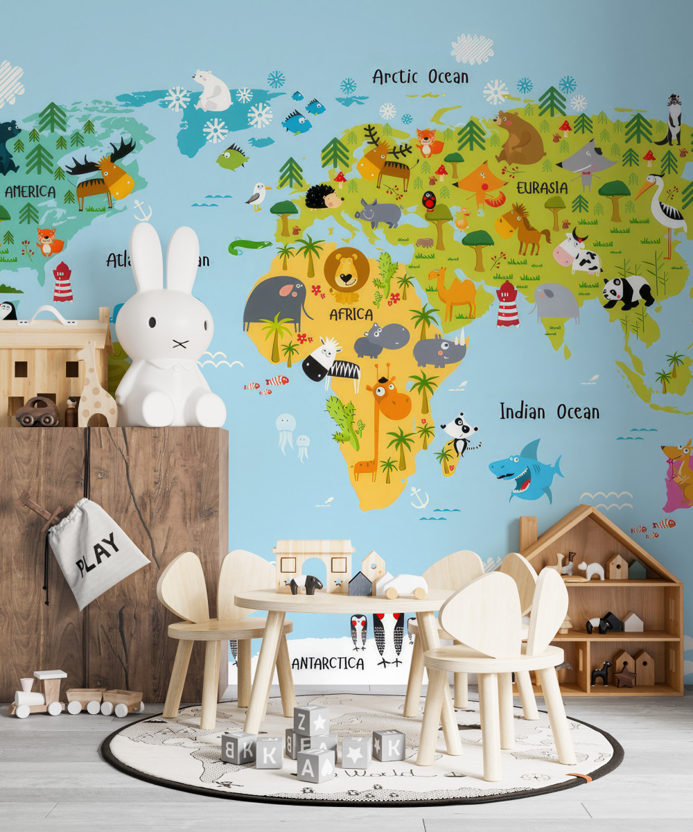Fototapeta mapa świata dla dzieci ze zwierzętami