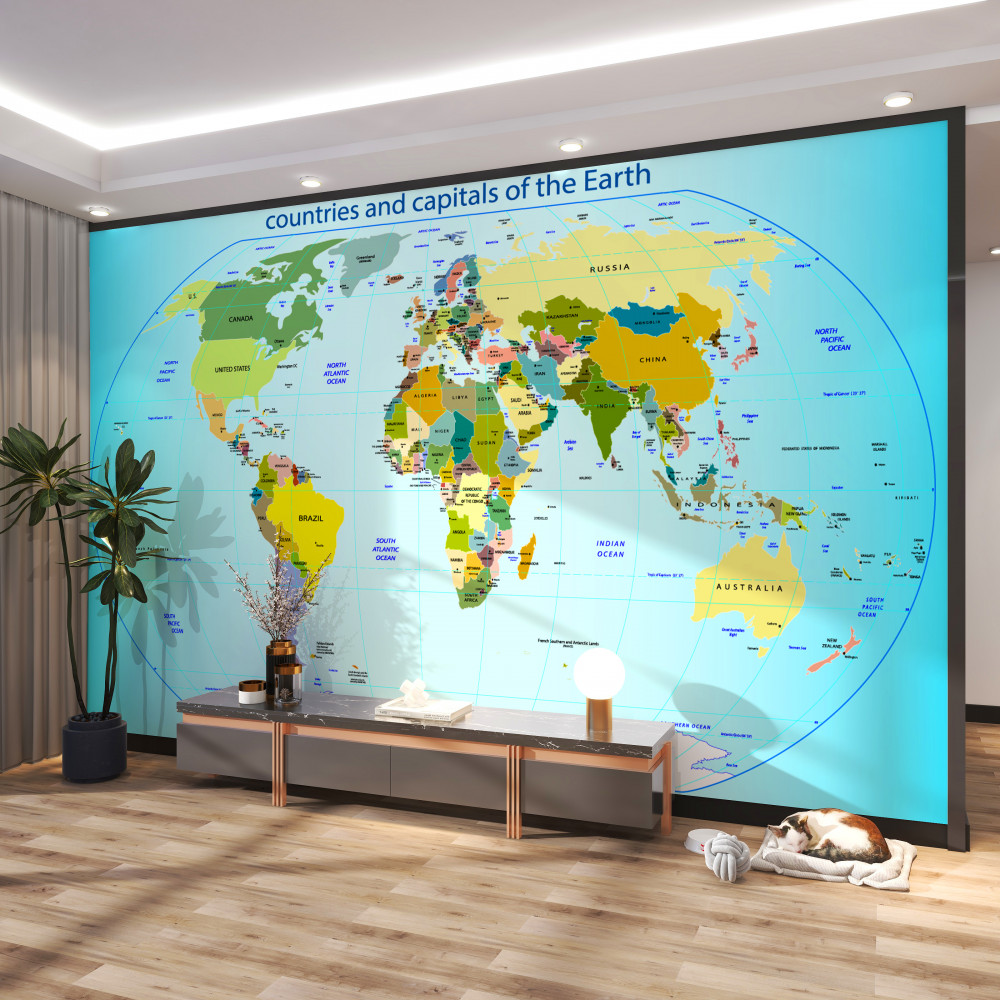 Fototapeta mapa świata z krajami i stolicami