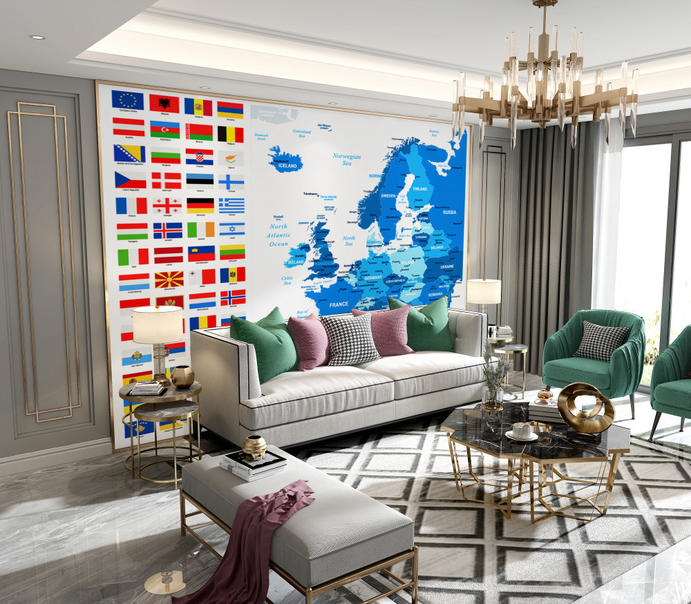 Fototapeta mapa krajów europy z flagami