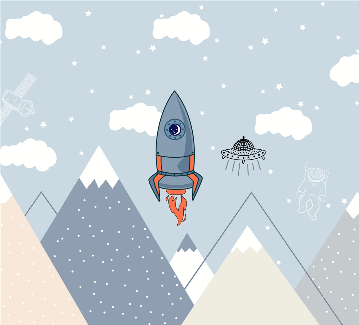 Fototapeta Rakieta i UFO startują nad górami