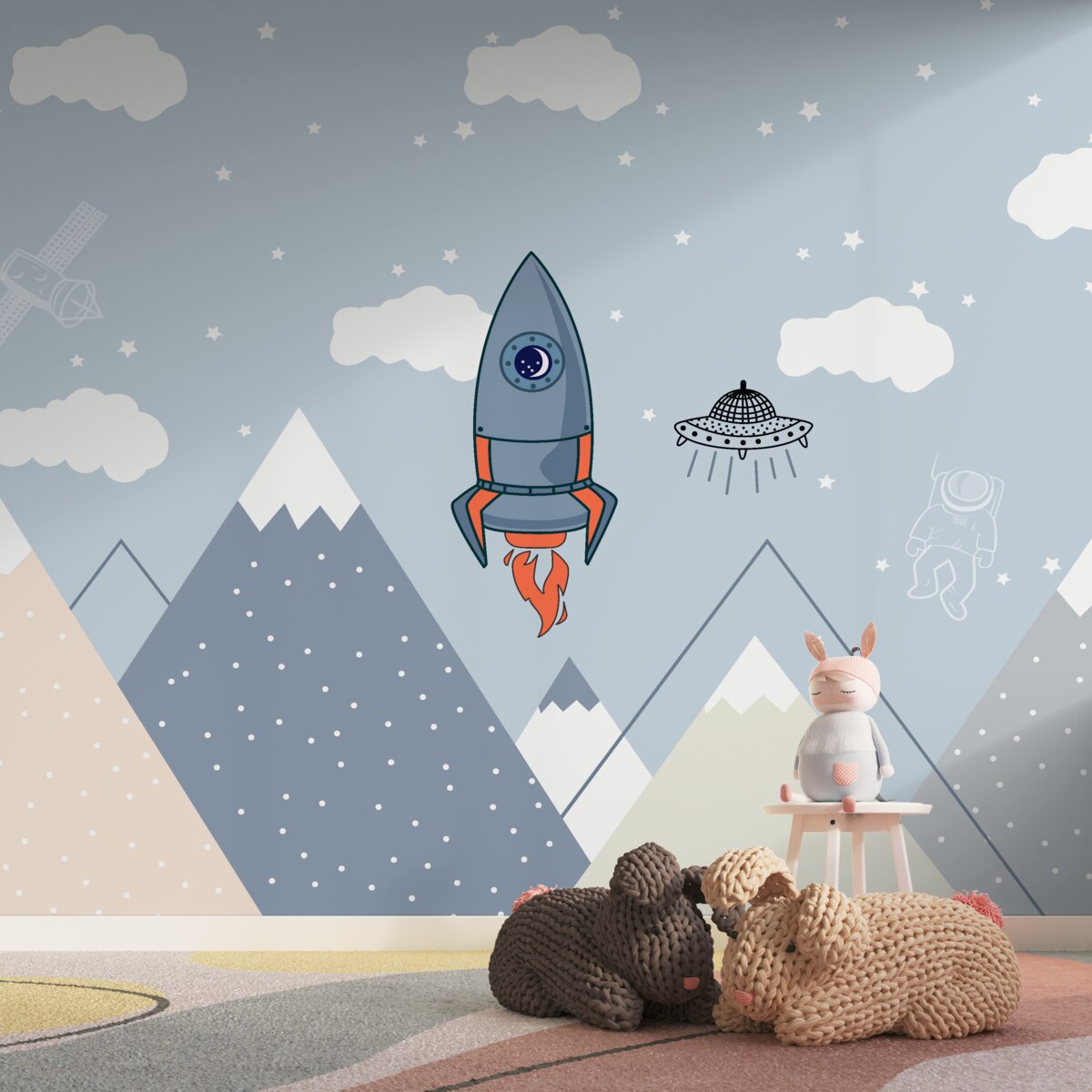 Fototapeta Rakieta i UFO startują nad górami