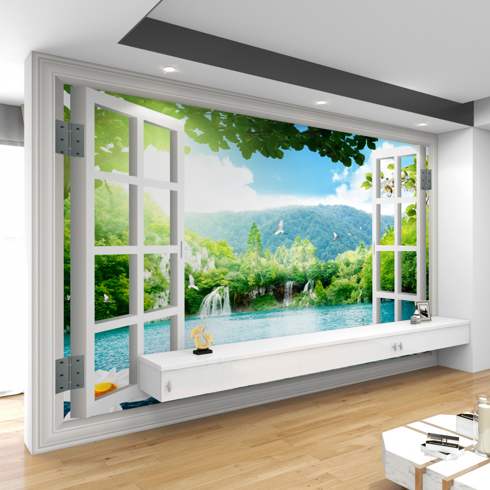 Fototapeta z okna piękna panorama na jezioro i wodospady