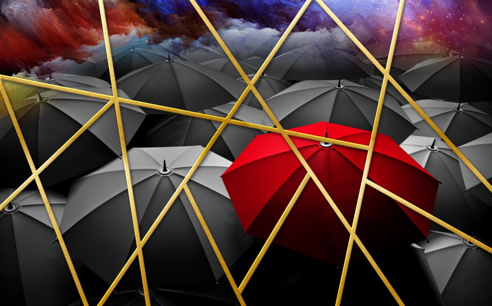 Fototapeta czerwony parasol na szarym tle ze złotą siatką