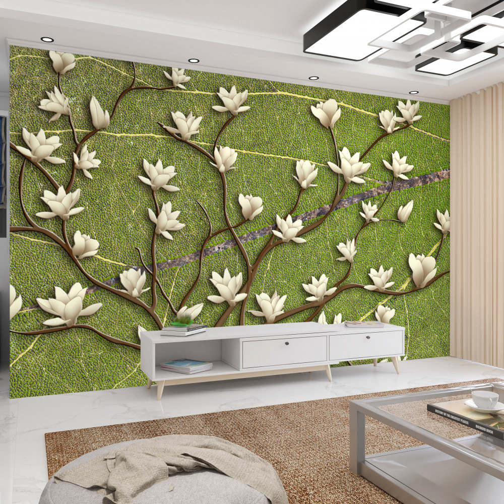 Fototapeta białe gałęzie magnolii na zielonym tle