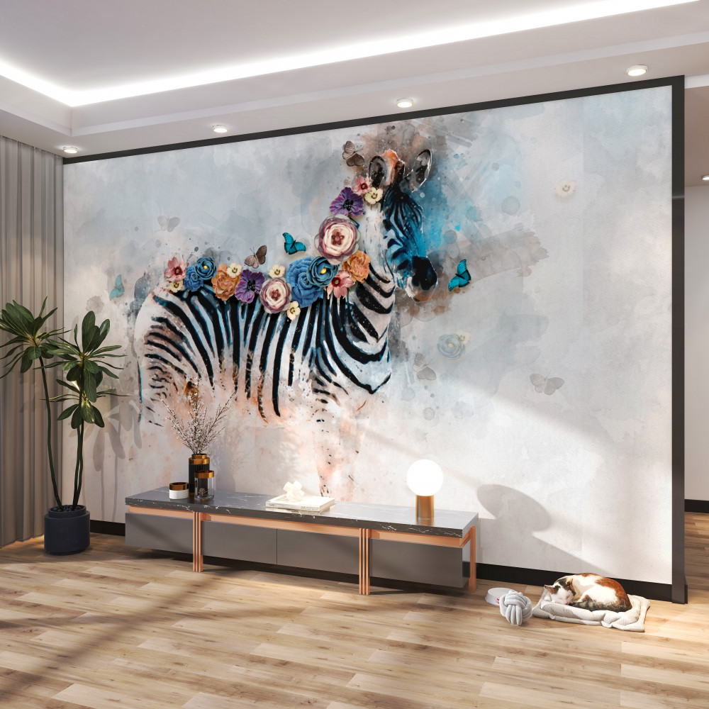 Fototapeta jasna zebra w kwiatach