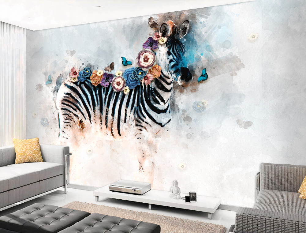 Fototapeta jasna zebra w kwiatach