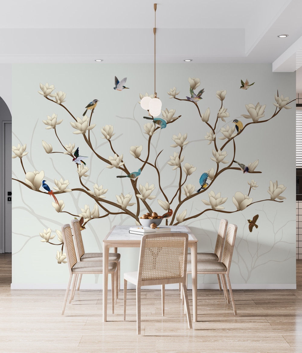 Fototapeta biała magnolia z różnymi ptakami