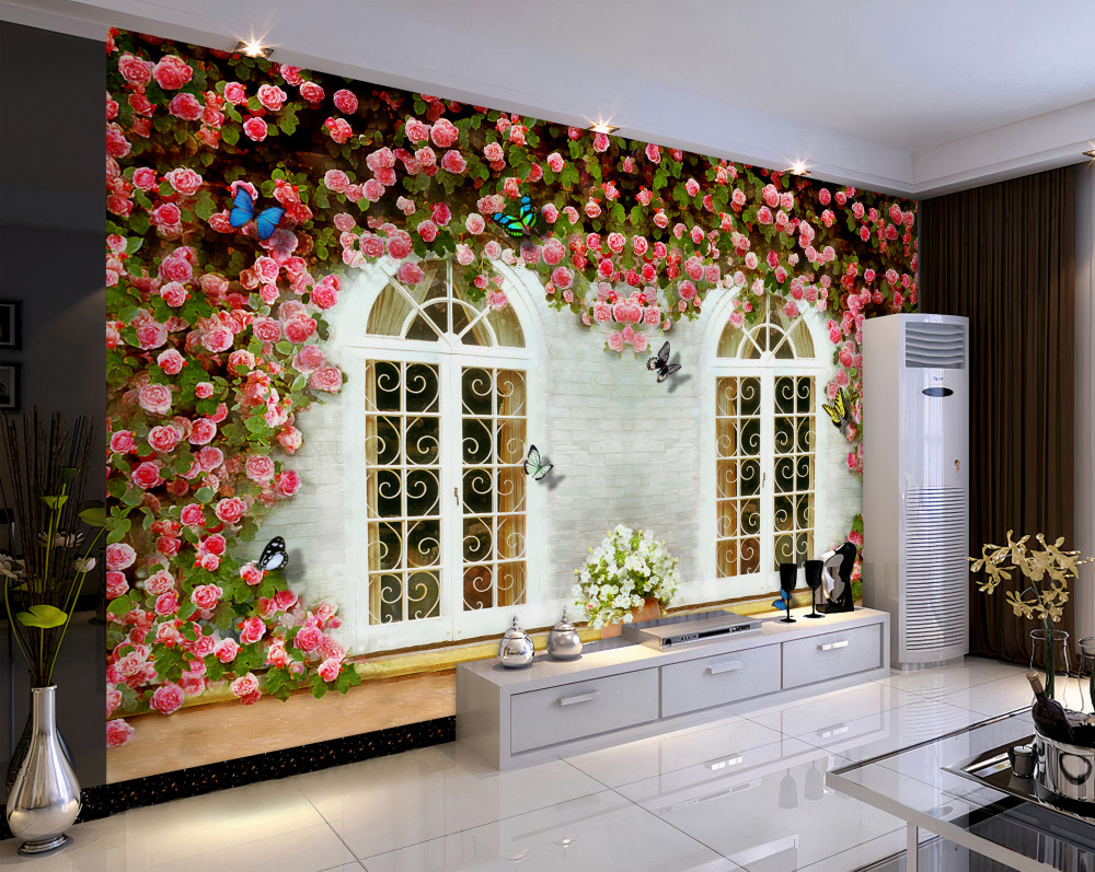 Fototapeta okna wokół kwitnących róż