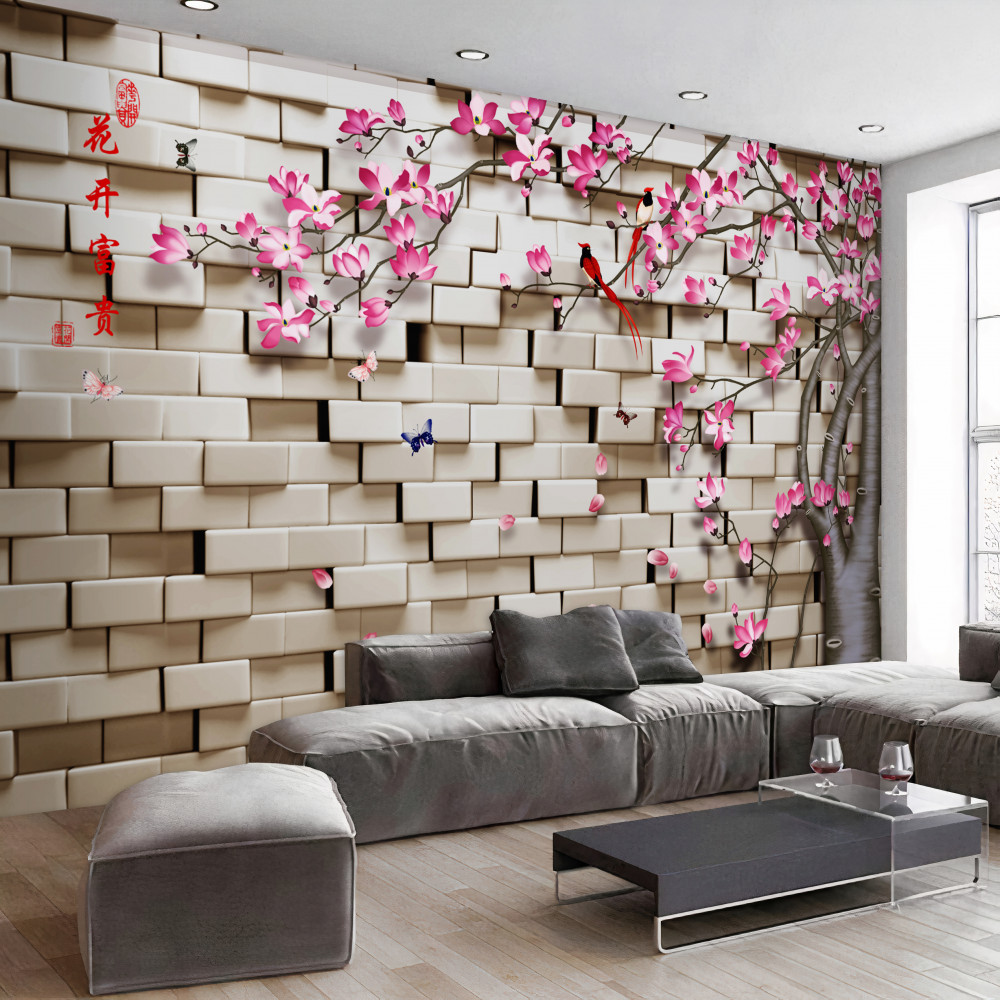 Fototapeta różowe kwiaty i kamienny mur