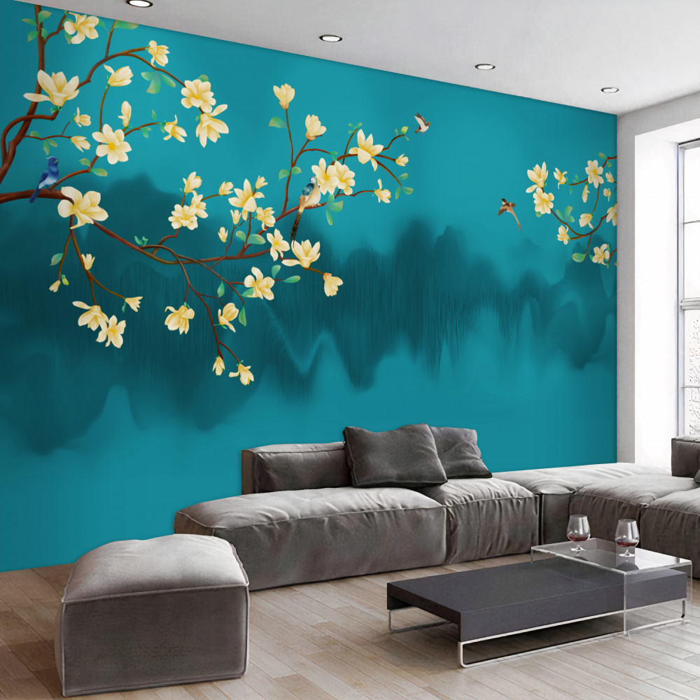 Fototapeta kwitnąca żółta magnolia nad mglistą wodą