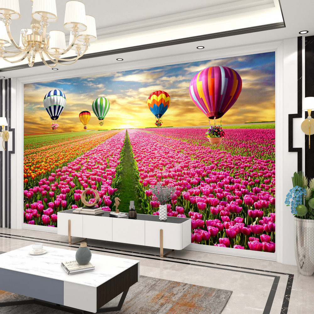 Fototapeta balony wznoszące się nad polem tulipanów