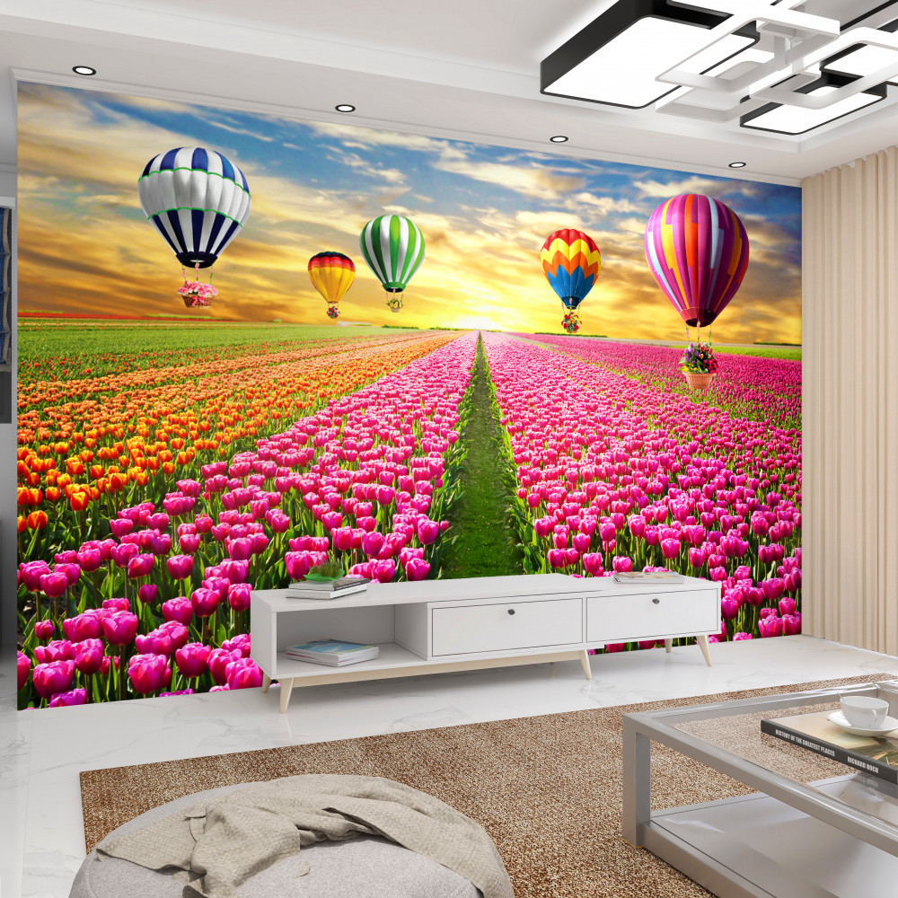 Fototapeta balony wznoszące się nad polem tulipanów