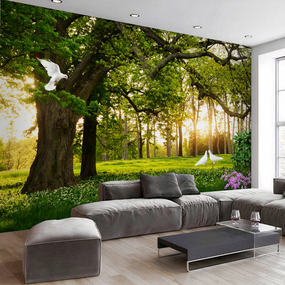 Fototapeta białe gołębie o świcie w zielonym lesie