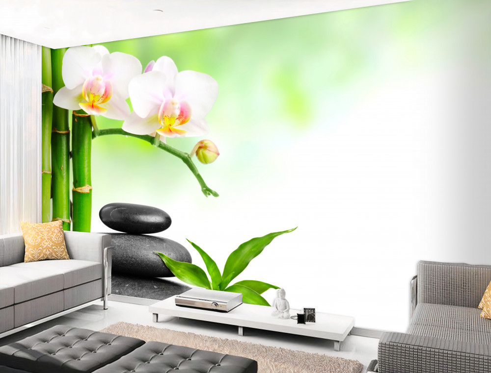 Fototapeta kamienie bambusowe i biała orchidea