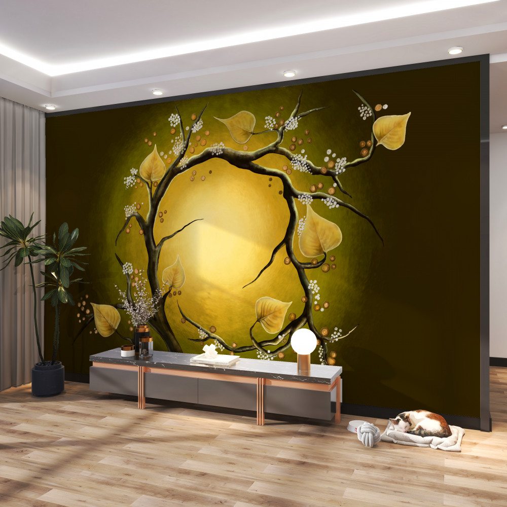 Fototapeta kwitnąca żółta magnolia na tle słońca