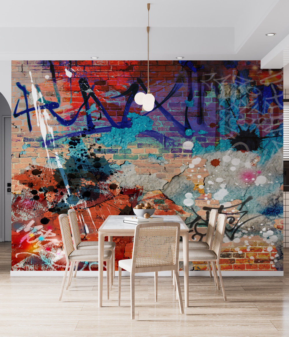 Fototapeta wielokolorowe graffiti na czerwonej cegle