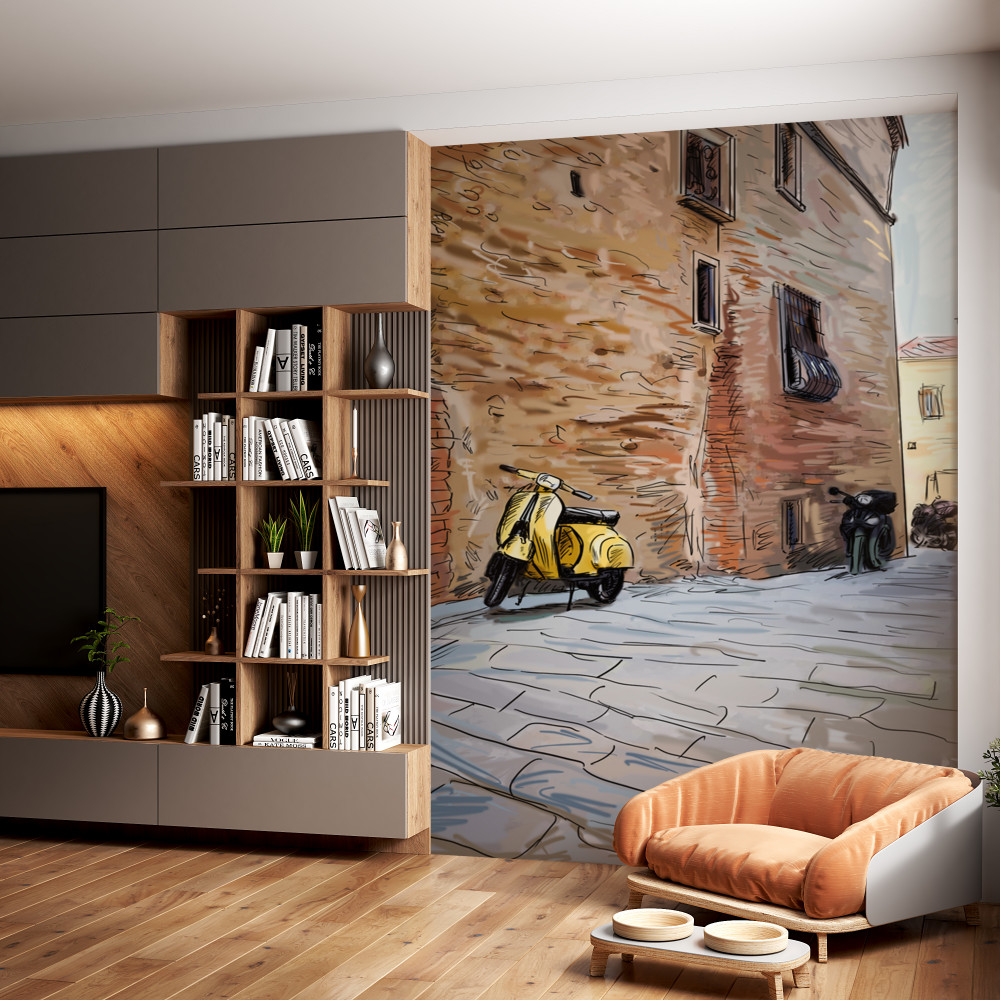 Fototapeta stara kamienna ulica i motorower