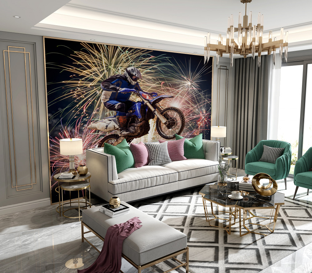 Fototapeta motocyklista na tle fajerwerków
