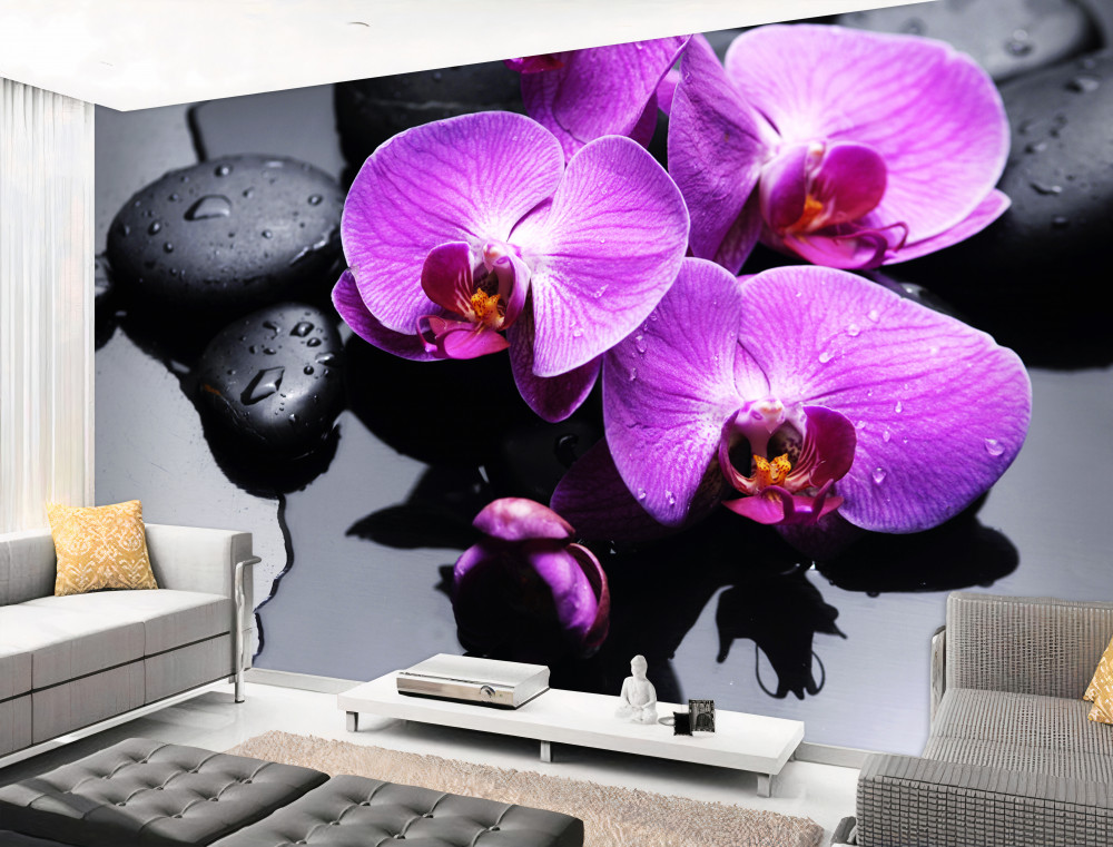 Fototapeta fioletowe orchidee na wodzie w pobliżu kamieni