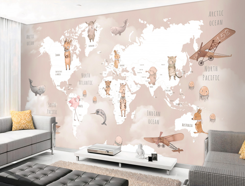 Fototapeta mapa świata ze zwierzętami i samolotami