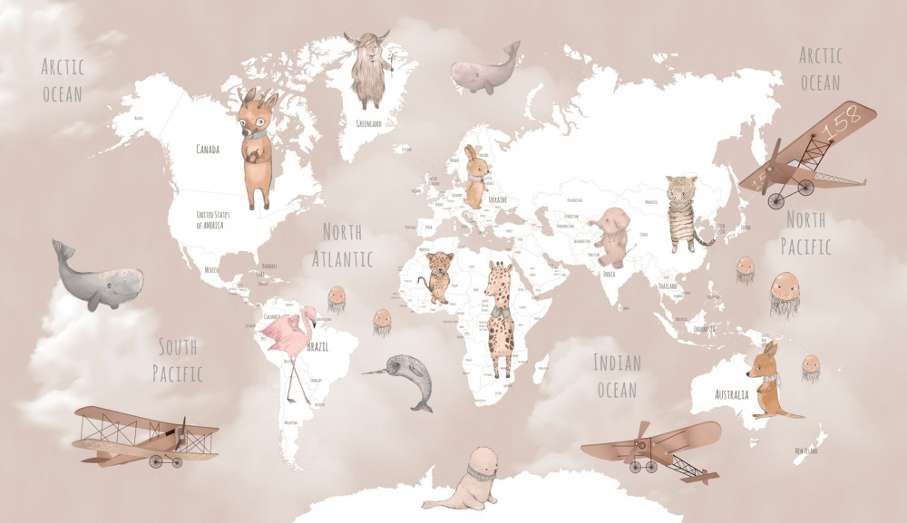 Fototapeta mapa świata ze zwierzętami i samolotami