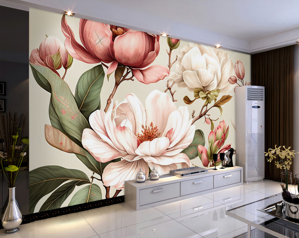 Fototapeta białe i czerwone kwiaty magnolii na gałęziach