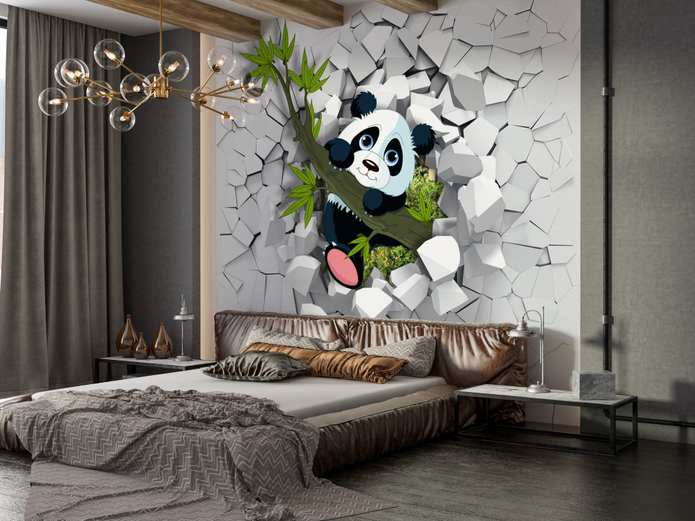 Fototapeta panda wygląda z połamanego ceglanego muru