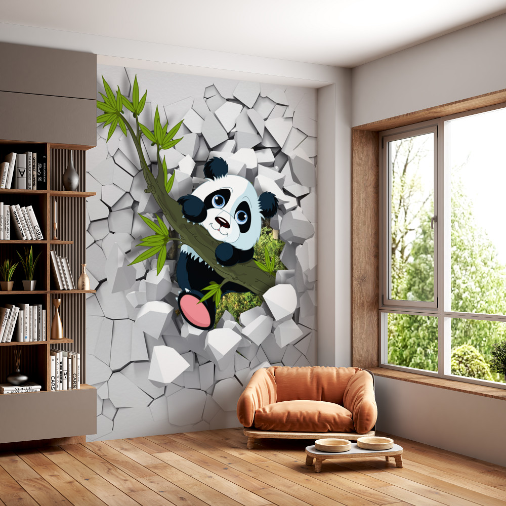 Fototapeta panda wygląda z połamanego ceglanego muru
