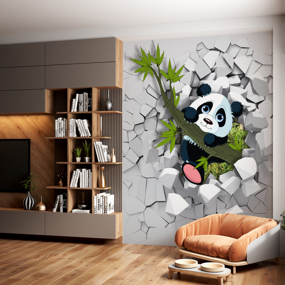 Fototapeta panda wygląda z połamanego ceglanego muru