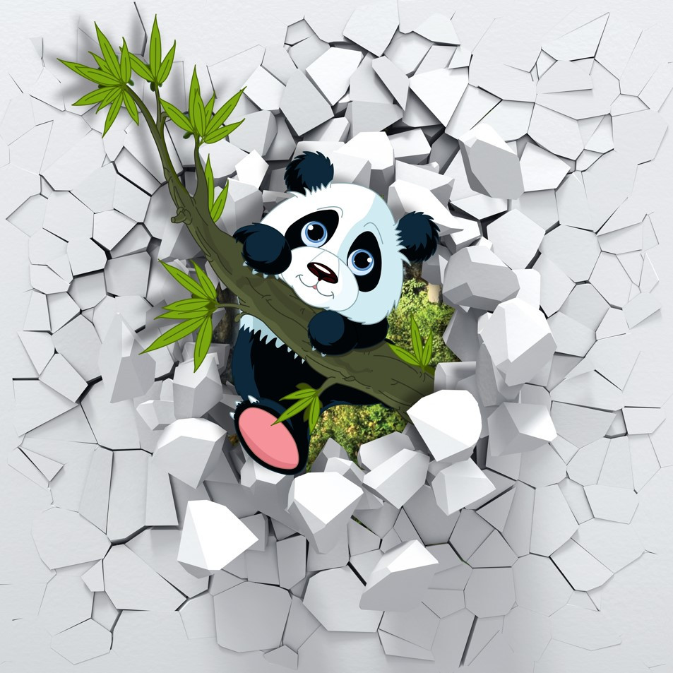 Fototapeta panda wygląda z połamanego ceglanego muru